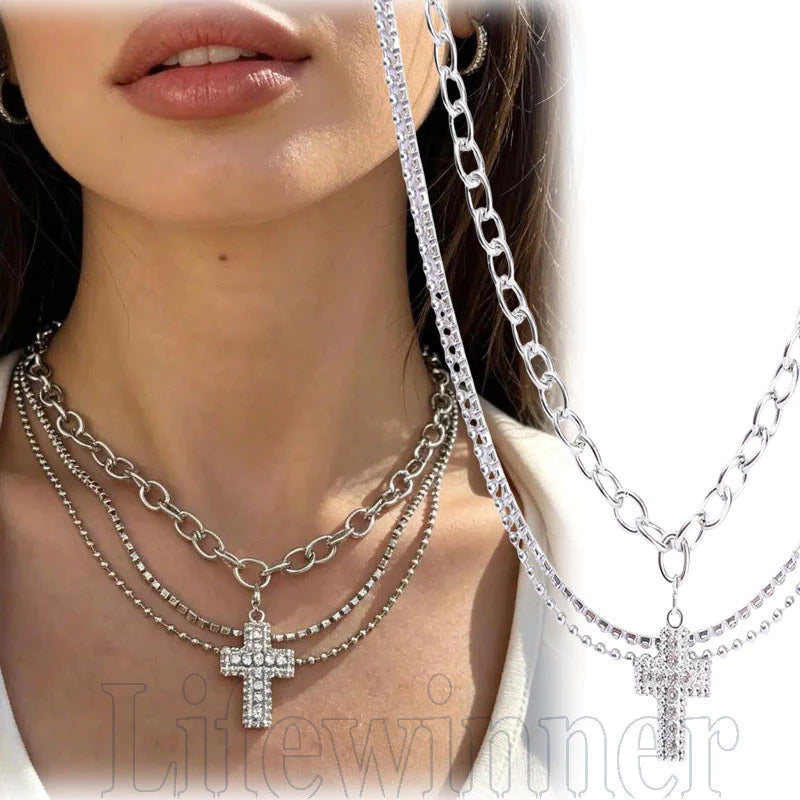 ▪︎ Collar Cruz Multicapa Crystal Y2K